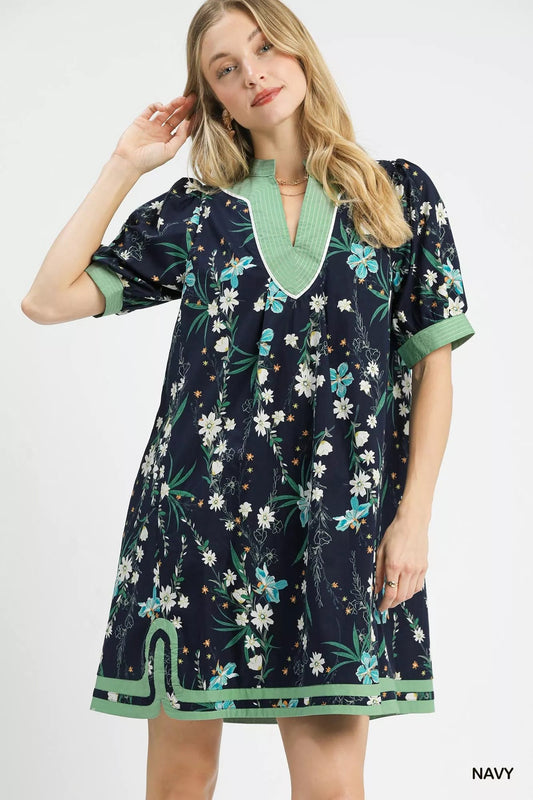 Umgee Floral Puff Sleeve Dress with Contrast Trim - Bitsy Gypsy Boutique