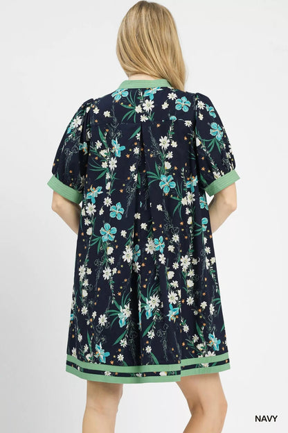 Umgee Floral Puff Sleeve Dress with Contrast Trim - Bitsy Gypsy Boutique
