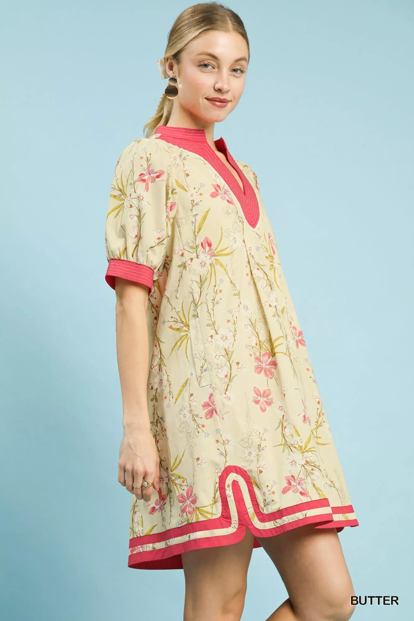 Umgee Floral Puff Sleeve Dress with Contrast Trim - Bitsy Gypsy Boutique