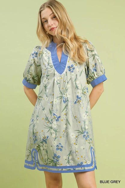 Umgee Floral Puff Sleeve Dress with Contrast Trim - Bitsy Gypsy Boutique