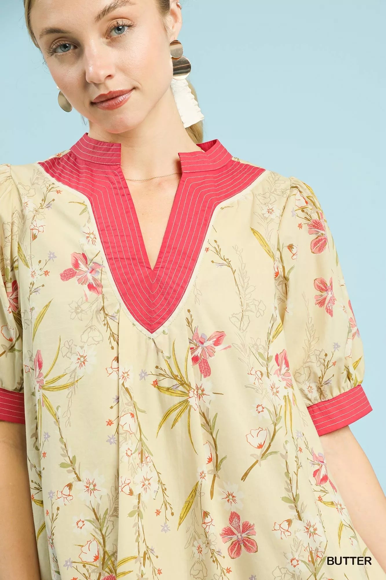Umgee Floral Puff Sleeve Dress with Contrast Trim - Bitsy Gypsy Boutique