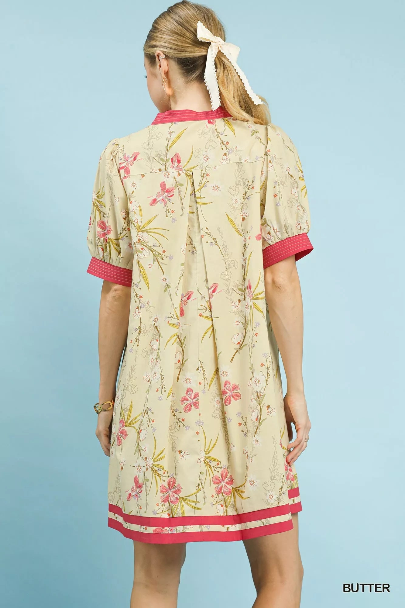 Umgee Floral Puff Sleeve Dress with Contrast Trim - Bitsy Gypsy Boutique