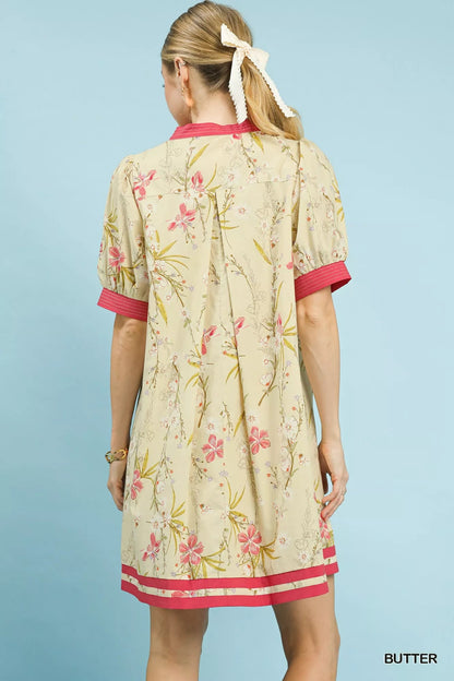 Umgee Floral Puff Sleeve Dress with Contrast Trim - Bitsy Gypsy Boutique