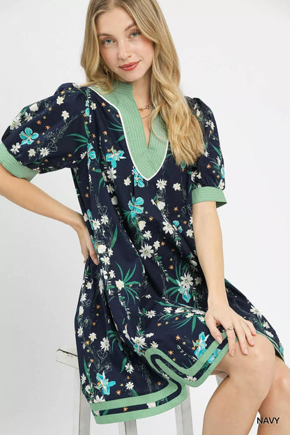 Umgee Floral Puff Sleeve Dress with Contrast Trim - Bitsy Gypsy Boutique