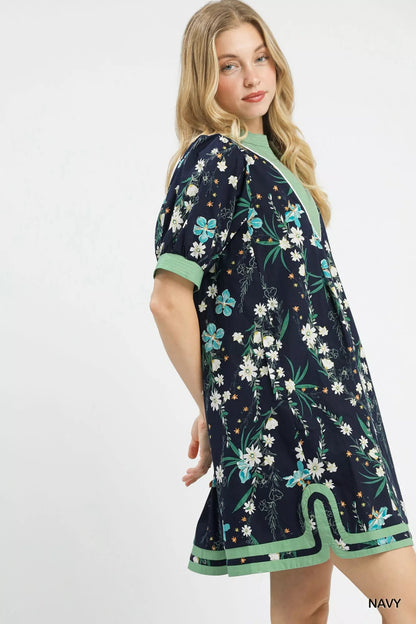 Umgee Floral Puff Sleeve Dress with Contrast Trim - Bitsy Gypsy Boutique