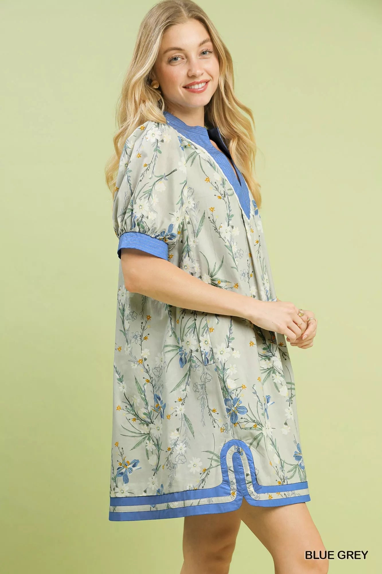 Umgee Floral Puff Sleeve Dress with Contrast Trim - Bitsy Gypsy Boutique