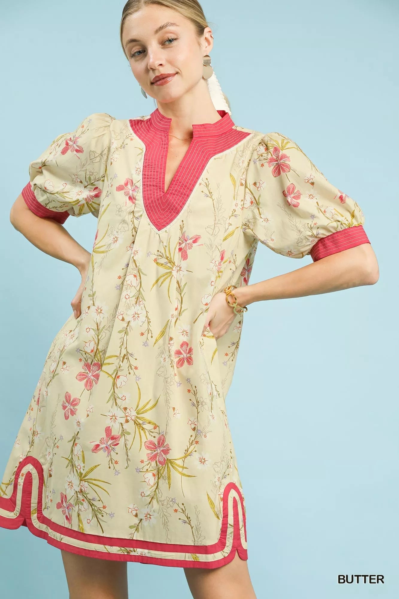 Umgee Floral Puff Sleeve Dress with Contrast Trim - Bitsy Gypsy Boutique