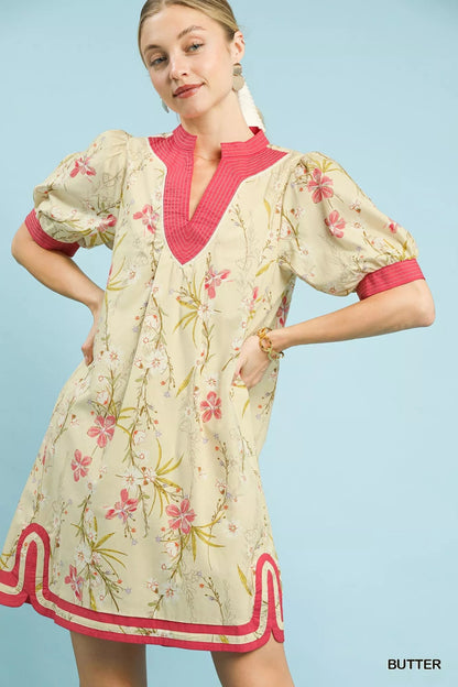 Umgee Floral Puff Sleeve Dress with Contrast Trim - Bitsy Gypsy Boutique
