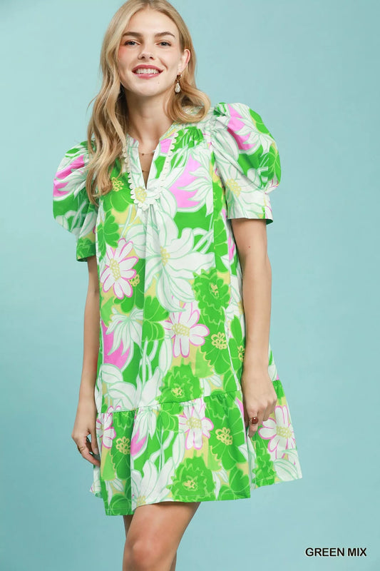 Umgee Floral Puff Sleeve Tiered Mini Dress - Bitsy Gypsy Boutique