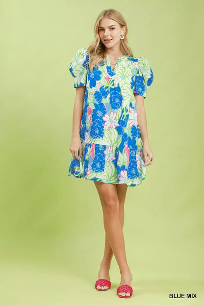 Umgee Floral Puff Sleeve Tiered Mini Dress - Bitsy Gypsy Boutique