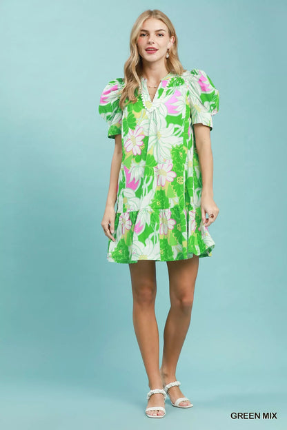 Umgee Floral Puff Sleeve Tiered Mini Dress - Bitsy Gypsy Boutique