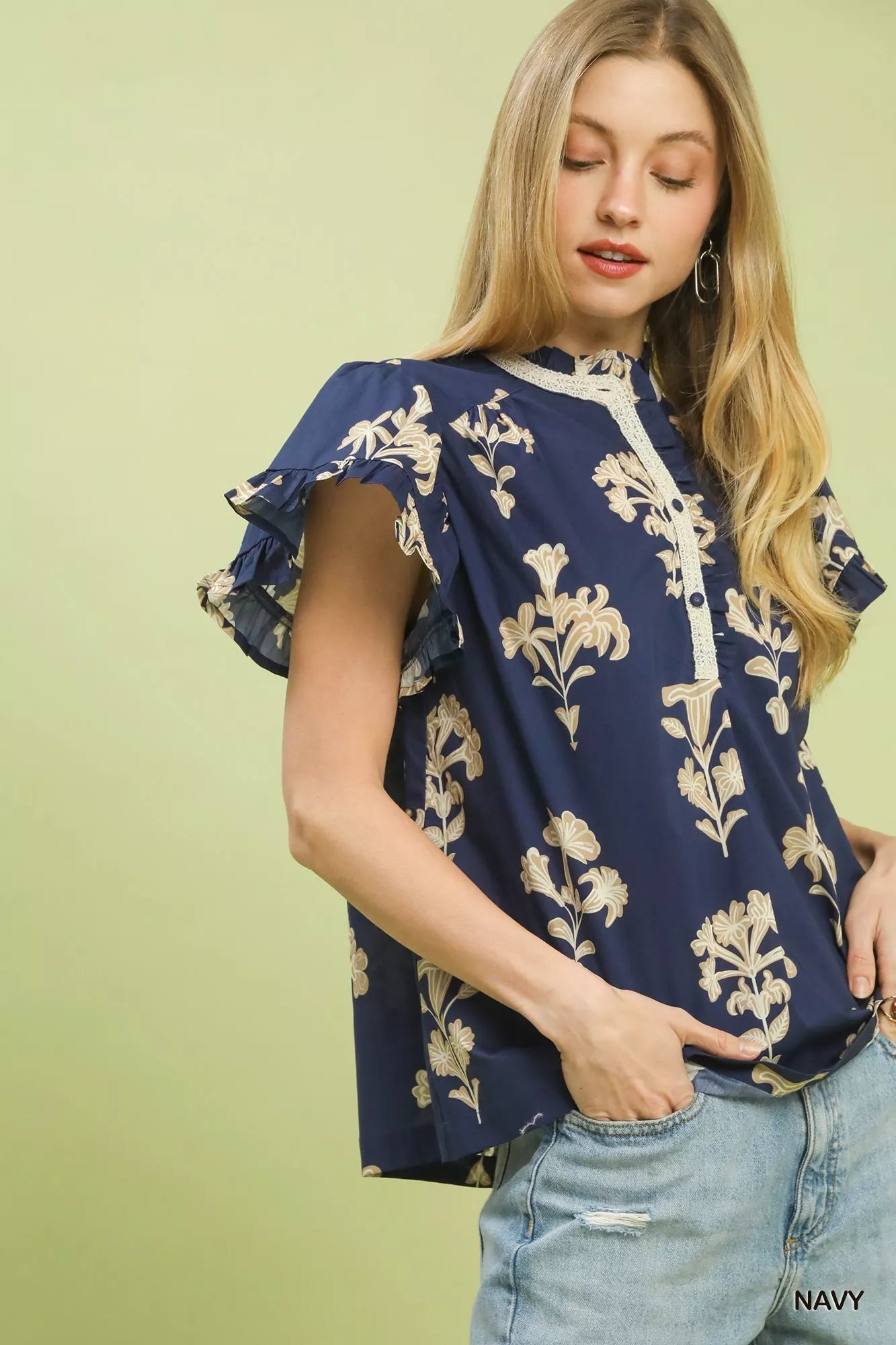 Umgee Floral Ruffle Sleeve Split - Neck Top - Bitsy Gypsy Boutique