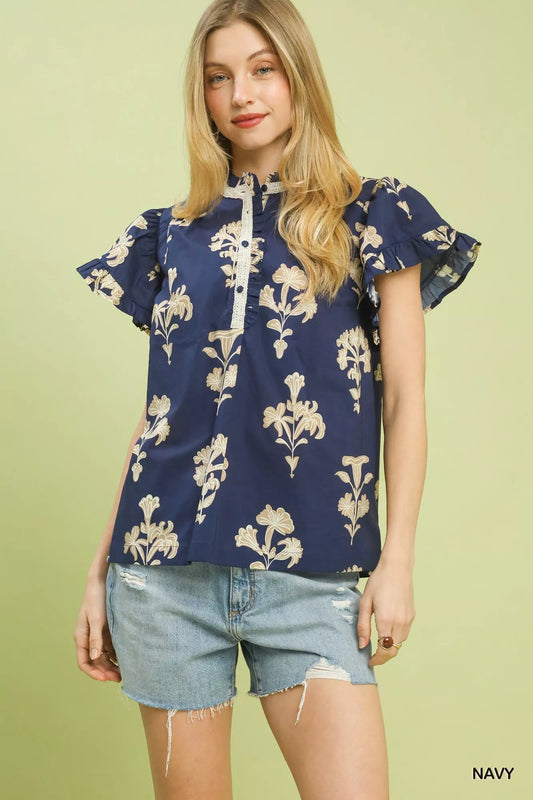 Umgee Floral Ruffle Sleeve Split - Neck Top - Bitsy Gypsy Boutique