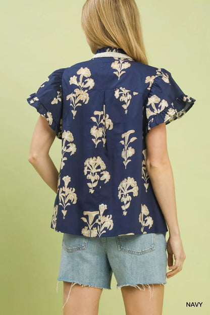 Umgee Floral Ruffle Sleeve Split - Neck Top - Bitsy Gypsy Boutique