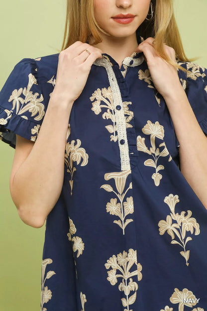 Umgee Floral Ruffle Sleeve Split - Neck Top - Bitsy Gypsy Boutique