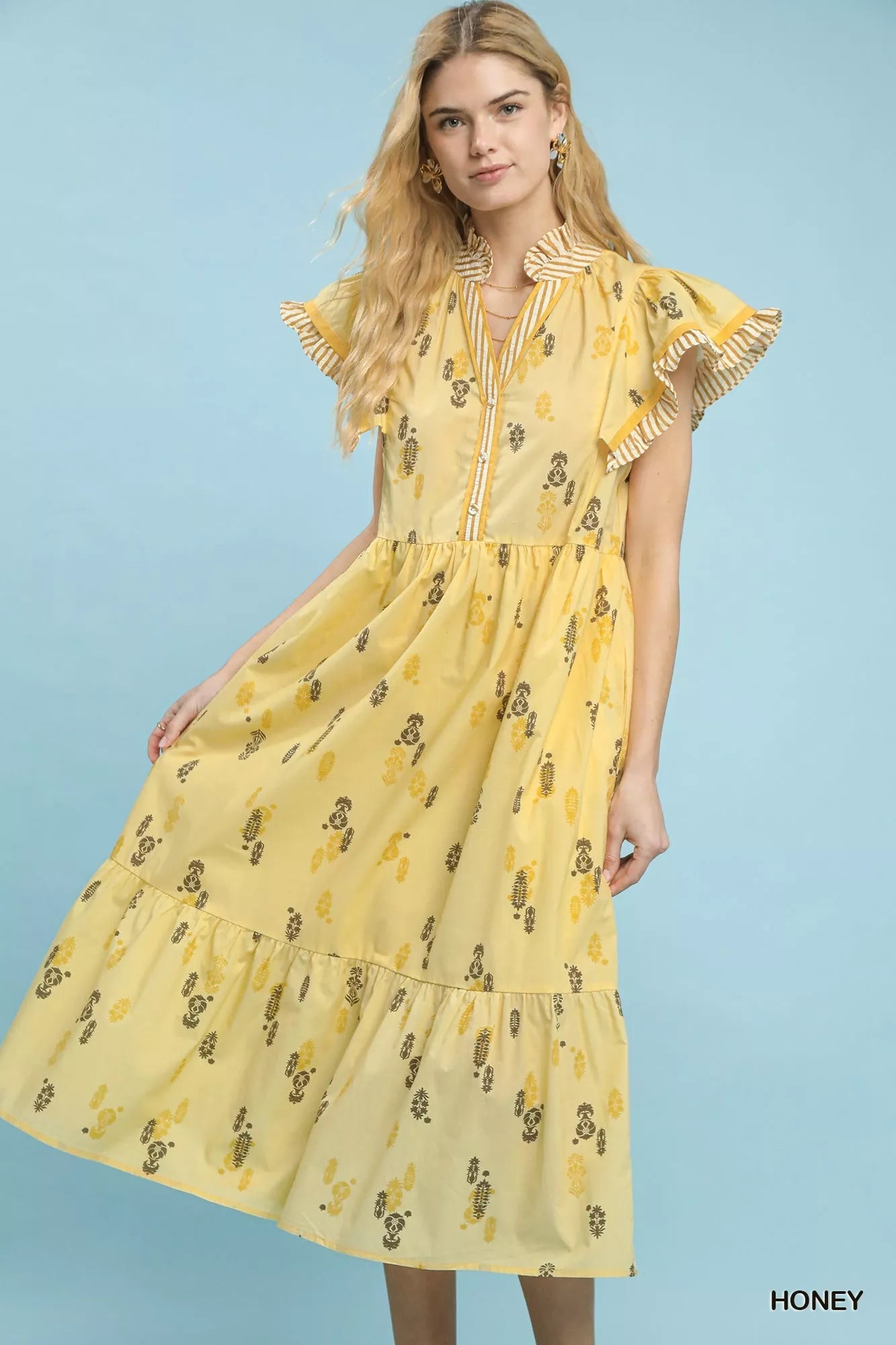 Umgee Floral Ruffle Sleeve Tiered Midi Dress - Bitsy Gypsy Boutique