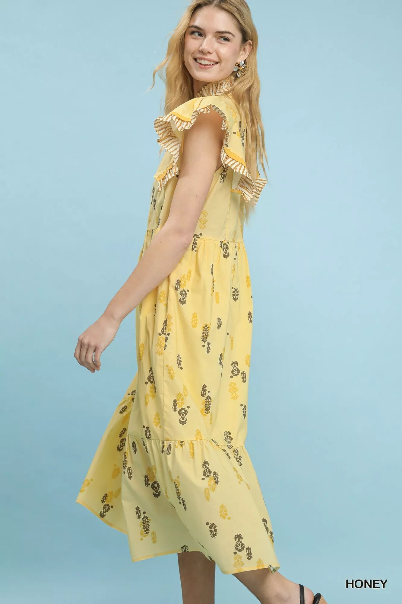 Umgee Floral Ruffle Sleeve Tiered Midi Dress - Bitsy Gypsy Boutique