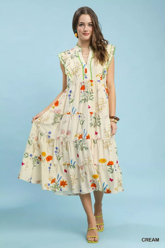 Umgee Floral Ruffle Tiered Midi Dress with Scalloped Detail - Bitsy Gypsy Boutique