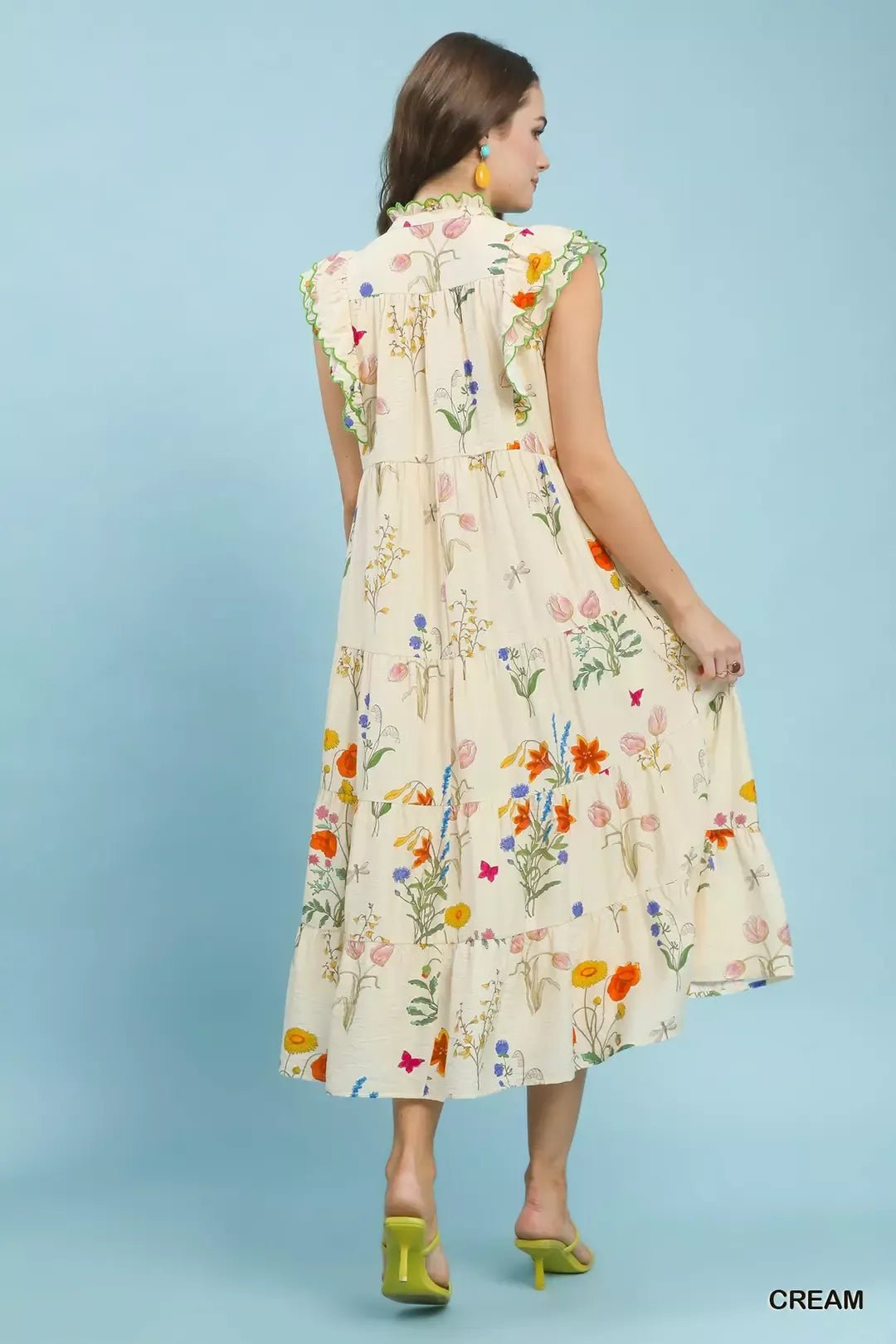 Umgee Floral Ruffle Tiered Midi Dress with Scalloped Detail - Bitsy Gypsy Boutique