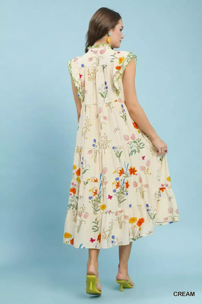 Umgee Floral Ruffle Tiered Midi Dress with Scalloped Detail - Bitsy Gypsy Boutique