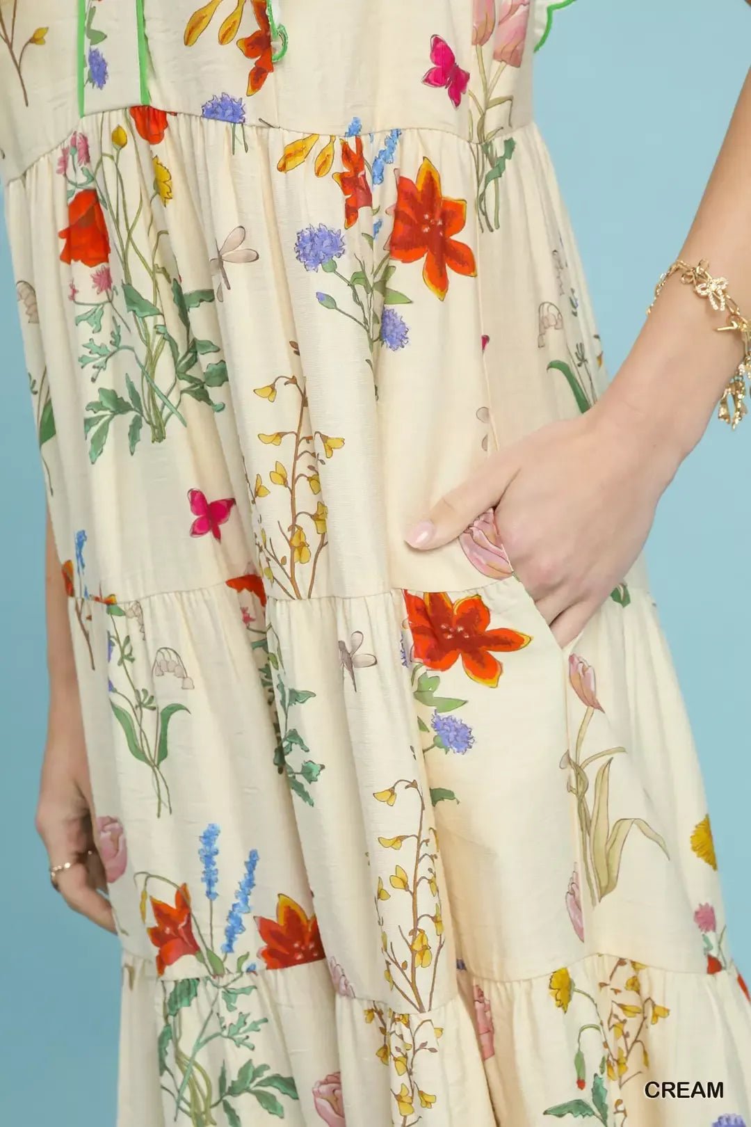 Umgee Floral Ruffle Tiered Midi Dress with Scalloped Detail - Bitsy Gypsy Boutique
