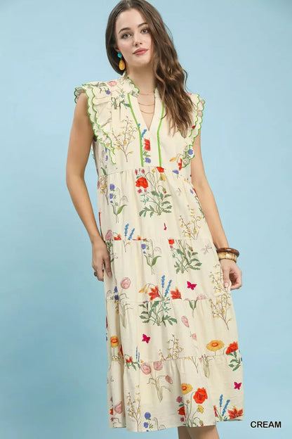 Umgee Floral Ruffle Tiered Midi Dress with Scalloped Detail - Bitsy Gypsy Boutique