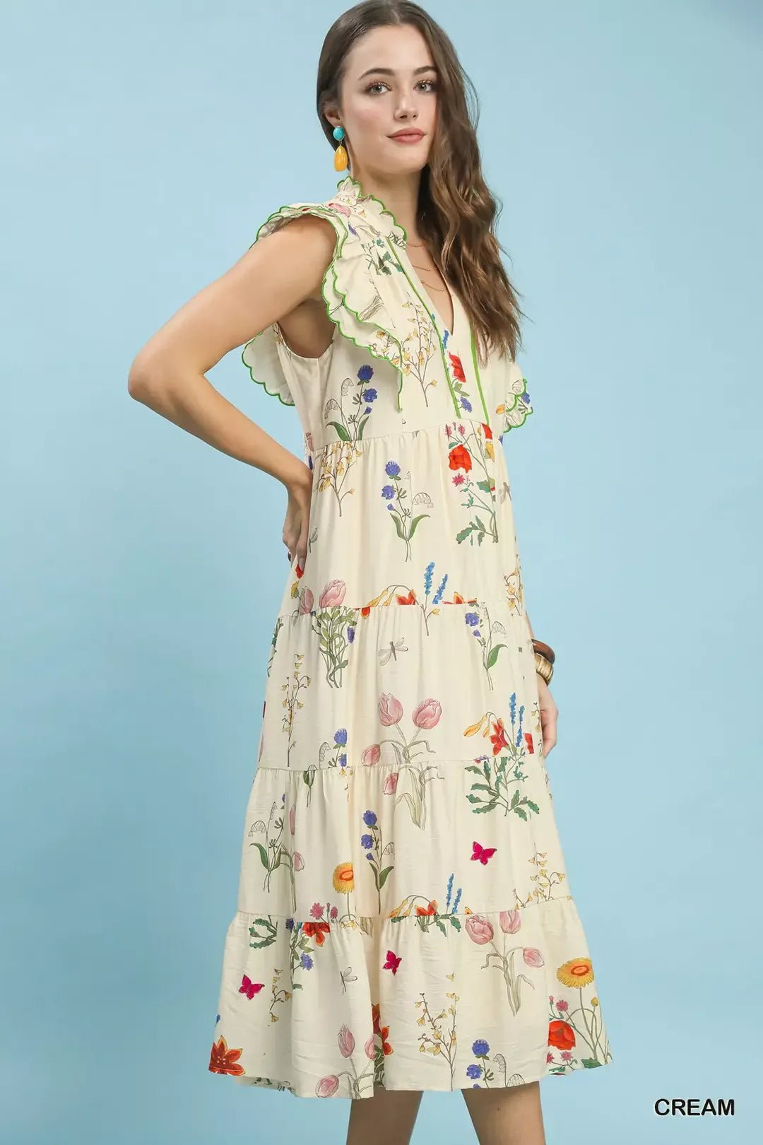 Umgee Floral Ruffle Tiered Midi Dress with Scalloped Detail - Bitsy Gypsy Boutique
