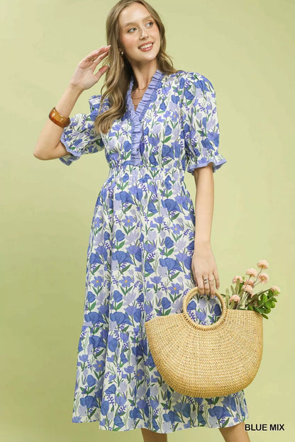 Umgee Floral Ruffle Trim Tiered Midi Dress - Bitsy Gypsy Boutique