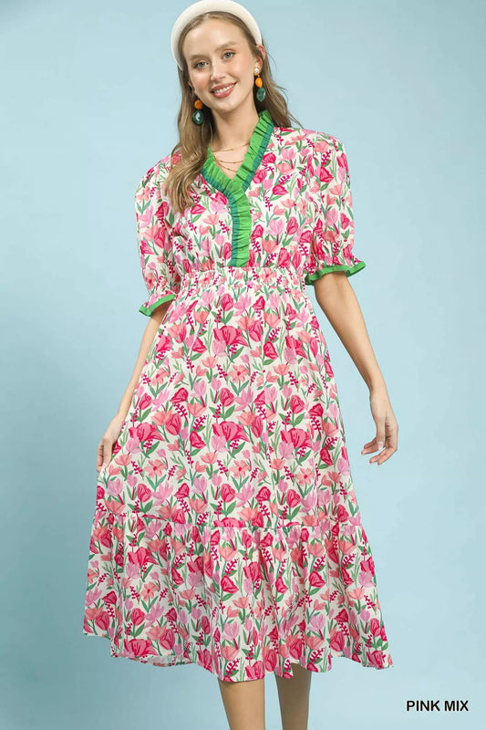 Umgee Floral Ruffle Trim Tiered Midi Dress - Bitsy Gypsy Boutique