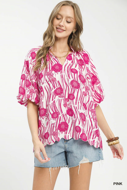 Umgee Floral Scalloped Edge Puff Sleeve Blouse with High - Low Curved Hem - Bitsy Gypsy Boutique