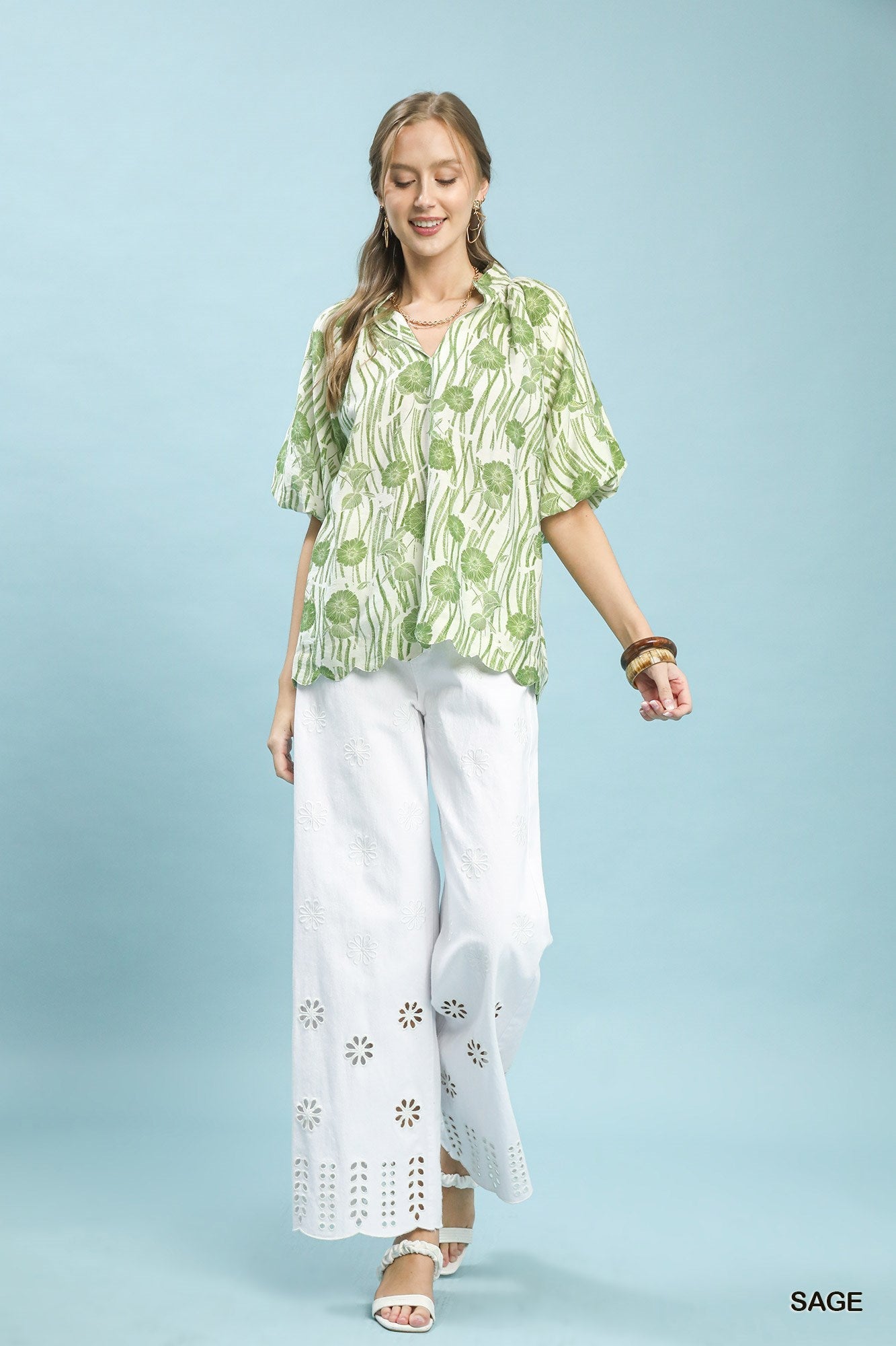 Umgee Floral Scalloped Edge Puff Sleeve Blouse with High - Low Curved Hem - Bitsy Gypsy Boutique