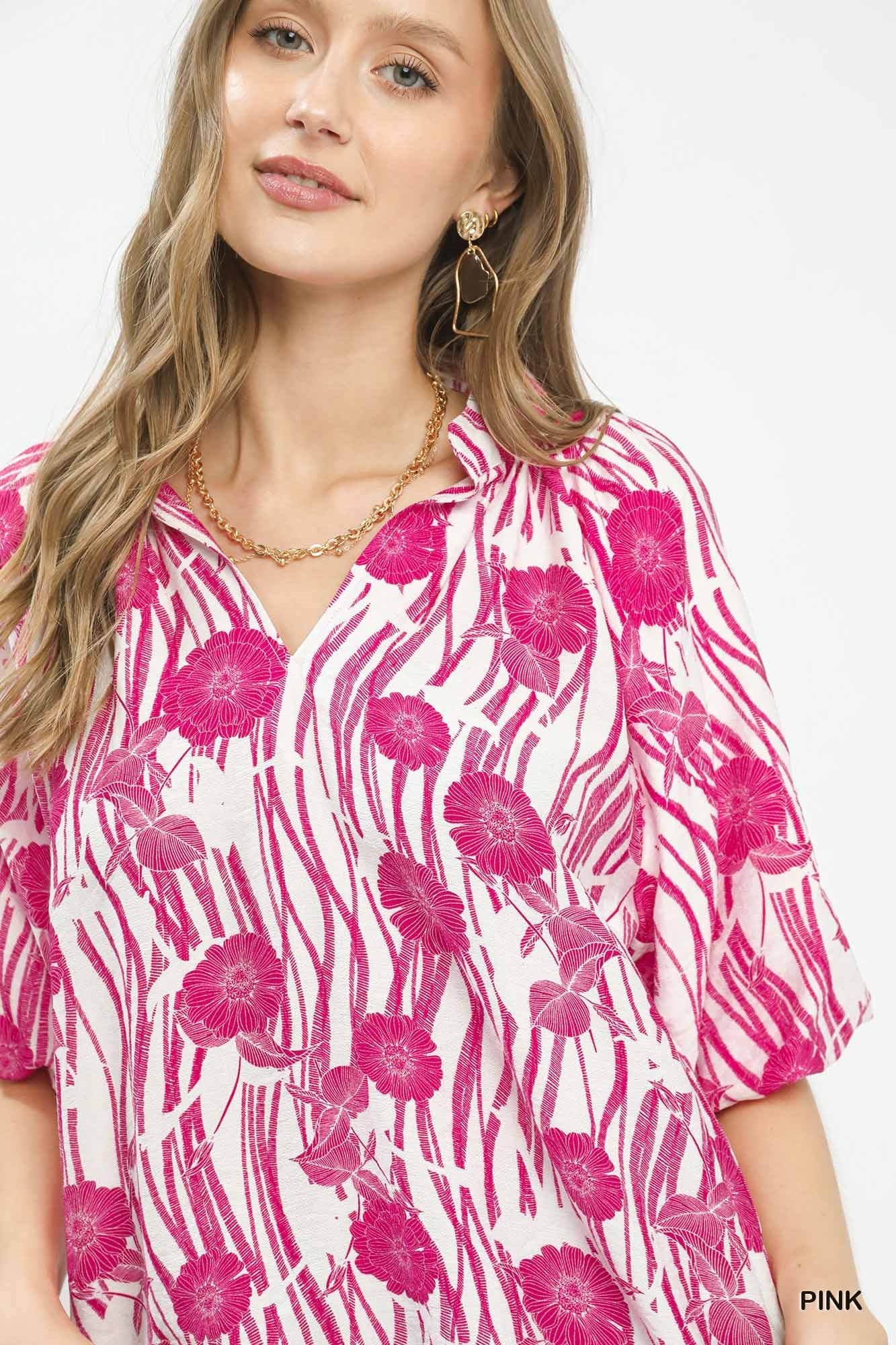 Umgee Floral Scalloped Edge Puff Sleeve Blouse with High - Low Curved Hem - Bitsy Gypsy Boutique