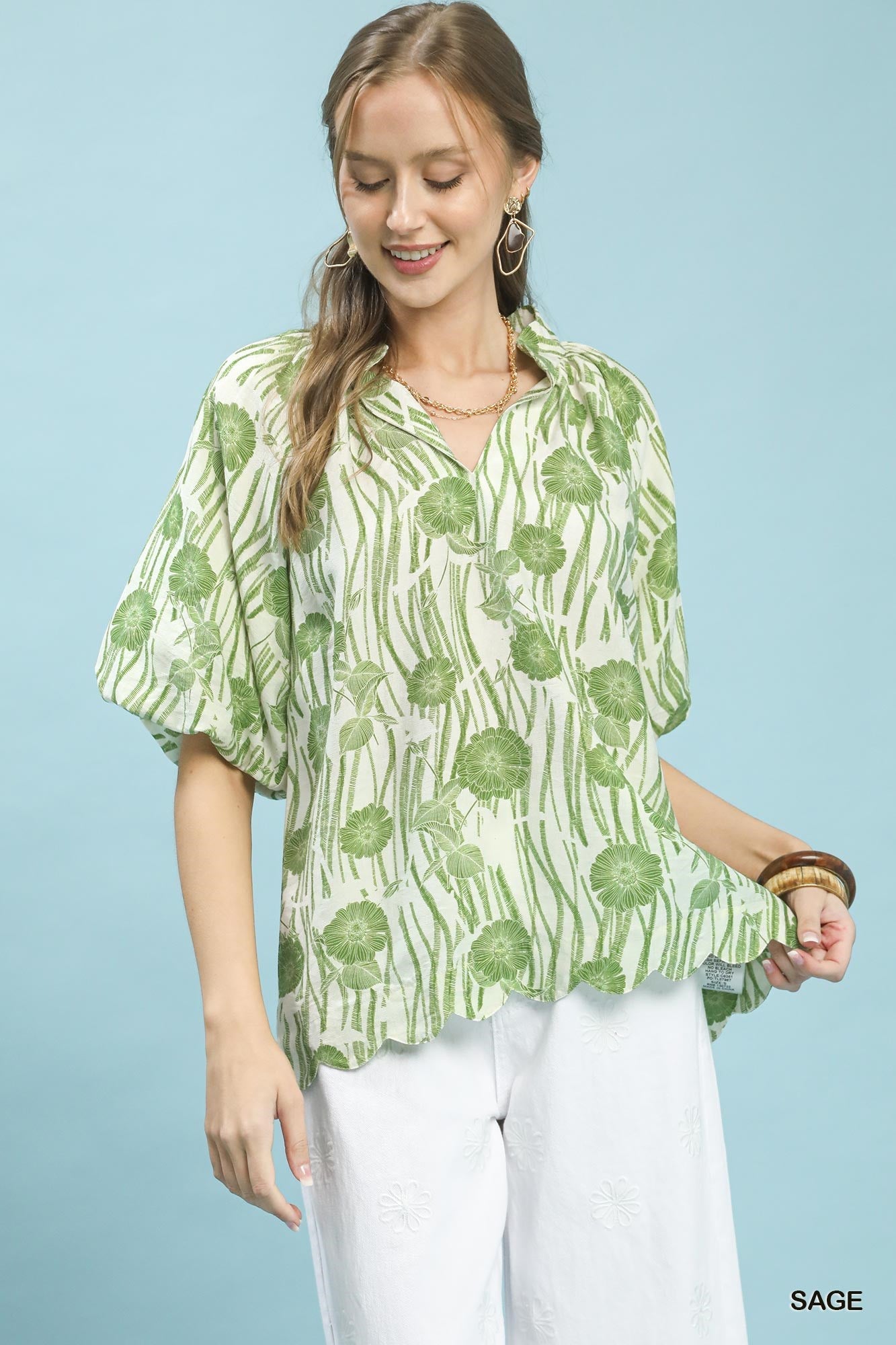 Umgee Floral Scalloped Edge Puff Sleeve Blouse with High - Low Curved Hem - Bitsy Gypsy Boutique
