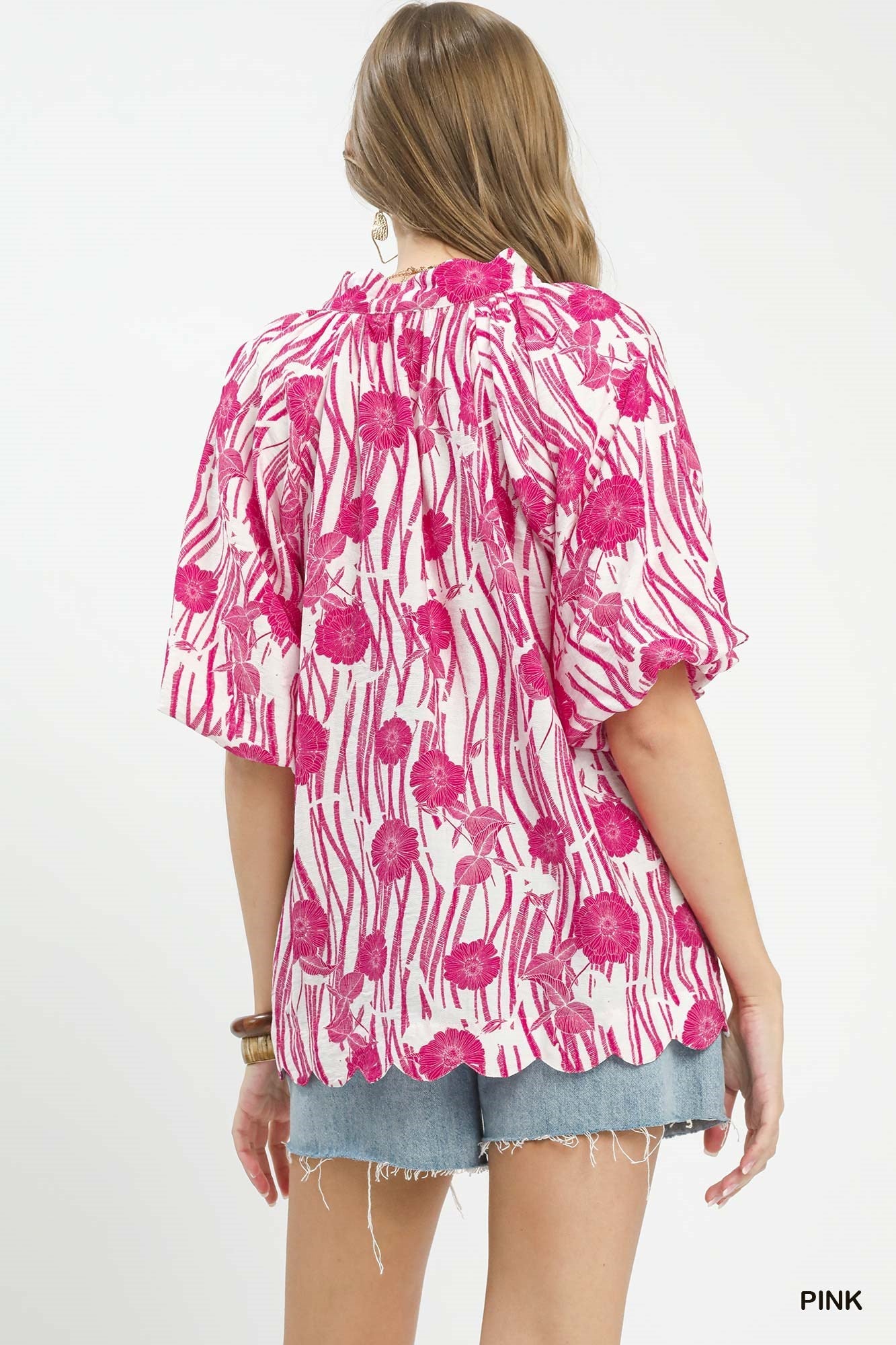 Umgee Floral Scalloped Edge Puff Sleeve Blouse with High - Low Curved Hem - Bitsy Gypsy Boutique