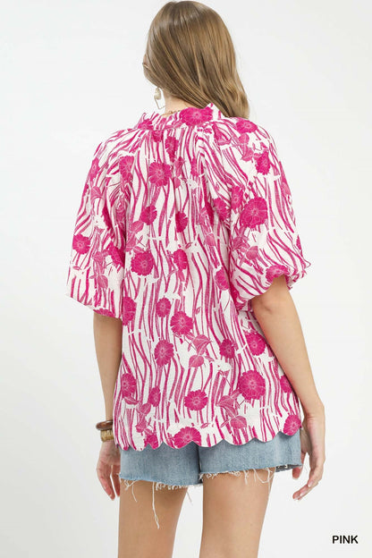 Umgee Floral Scalloped Edge Puff Sleeve Blouse with High - Low Curved Hem - Bitsy Gypsy Boutique