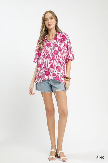 Umgee Floral Scalloped Edge Puff Sleeve Blouse with High - Low Curved Hem - Bitsy Gypsy Boutique