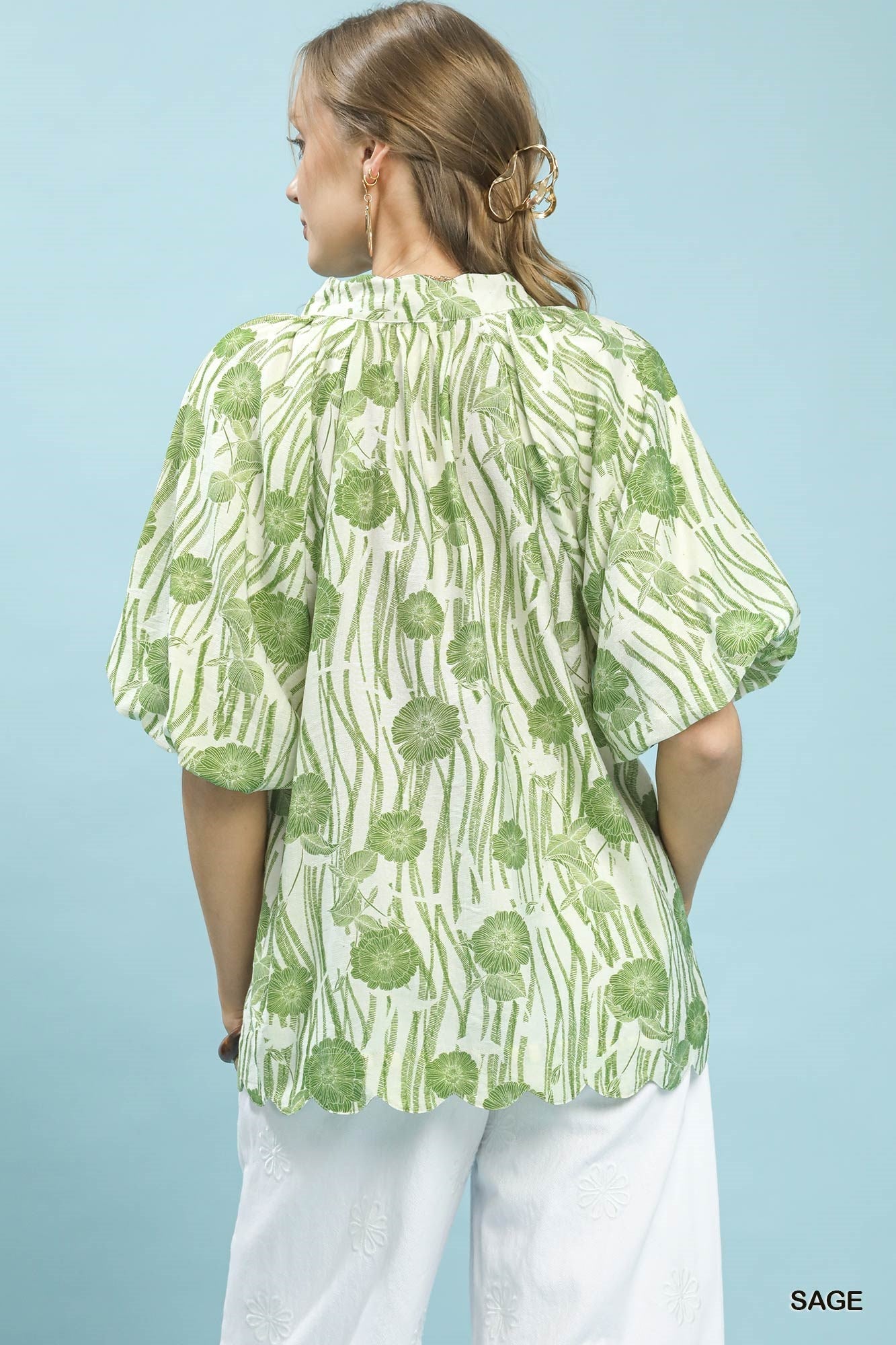 Umgee Floral Scalloped Edge Puff Sleeve Blouse with High - Low Curved Hem - Bitsy Gypsy Boutique