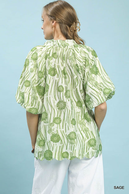 Umgee Floral Scalloped Edge Puff Sleeve Blouse with High - Low Curved Hem - Bitsy Gypsy Boutique