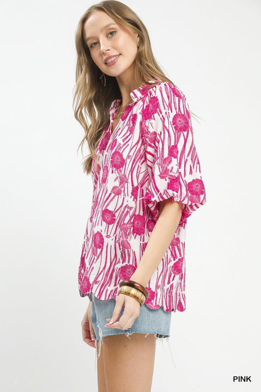 Umgee Floral Scalloped Edge Puff Sleeve Blouse with High - Low Curved Hem - Bitsy Gypsy Boutique