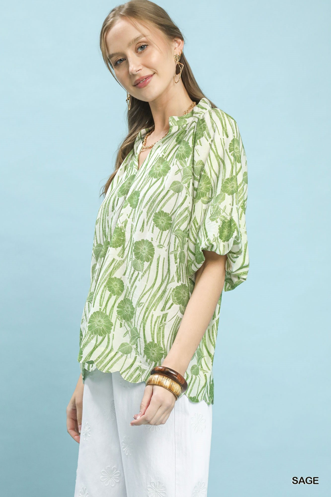 Umgee Floral Scalloped Edge Puff Sleeve Blouse with High - Low Curved Hem - Bitsy Gypsy Boutique