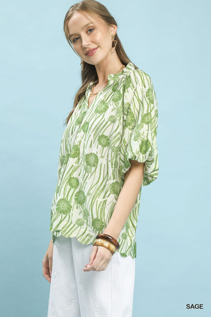 Umgee Floral Scalloped Edge Puff Sleeve Blouse with High - Low Curved Hem - Bitsy Gypsy Boutique
