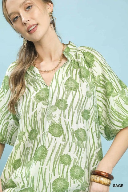 Umgee Floral Scalloped Edge Puff Sleeve Blouse with High - Low Curved Hem - Bitsy Gypsy Boutique
