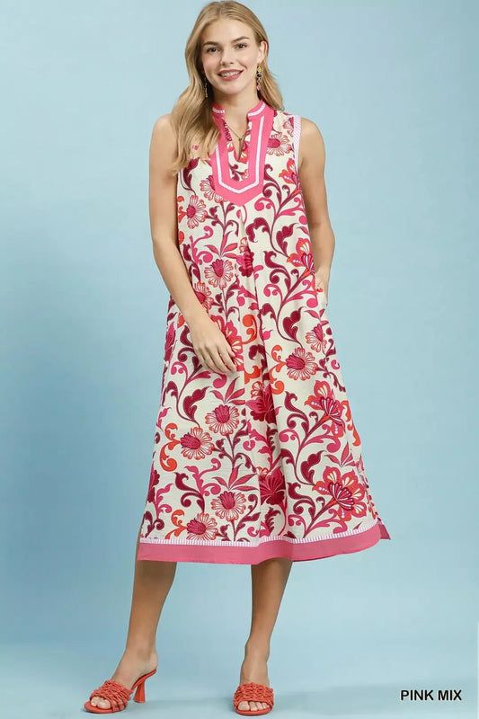 Umgee Floral Scroll Sleeveless Midi Dress - Bitsy Gypsy Boutique