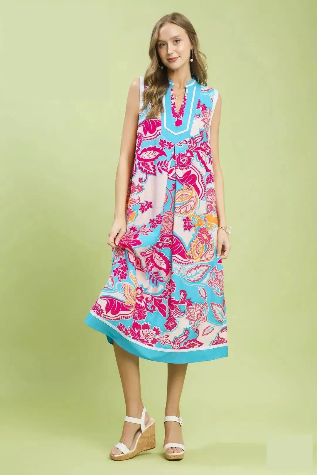Umgee Floral Sleeveless Midi Dress with Side Pockets - Bitsy Gypsy Boutique