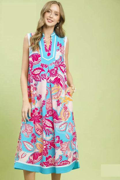 Umgee Floral Sleeveless Midi Dress with Side Pockets - Bitsy Gypsy Boutique