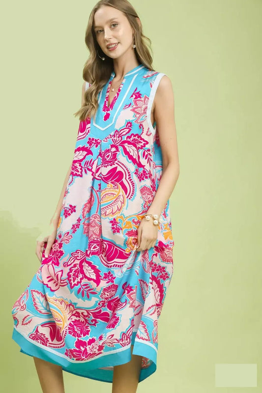 Umgee Floral Sleeveless Midi Dress with Side Pockets - Bitsy Gypsy Boutique