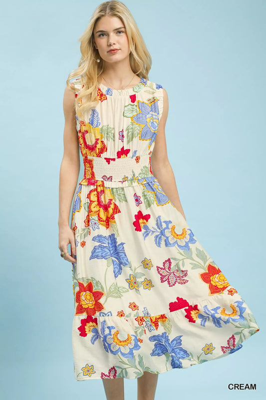 Umgee Floral Smocked Midi Dress - Bitsy Gypsy Boutique
