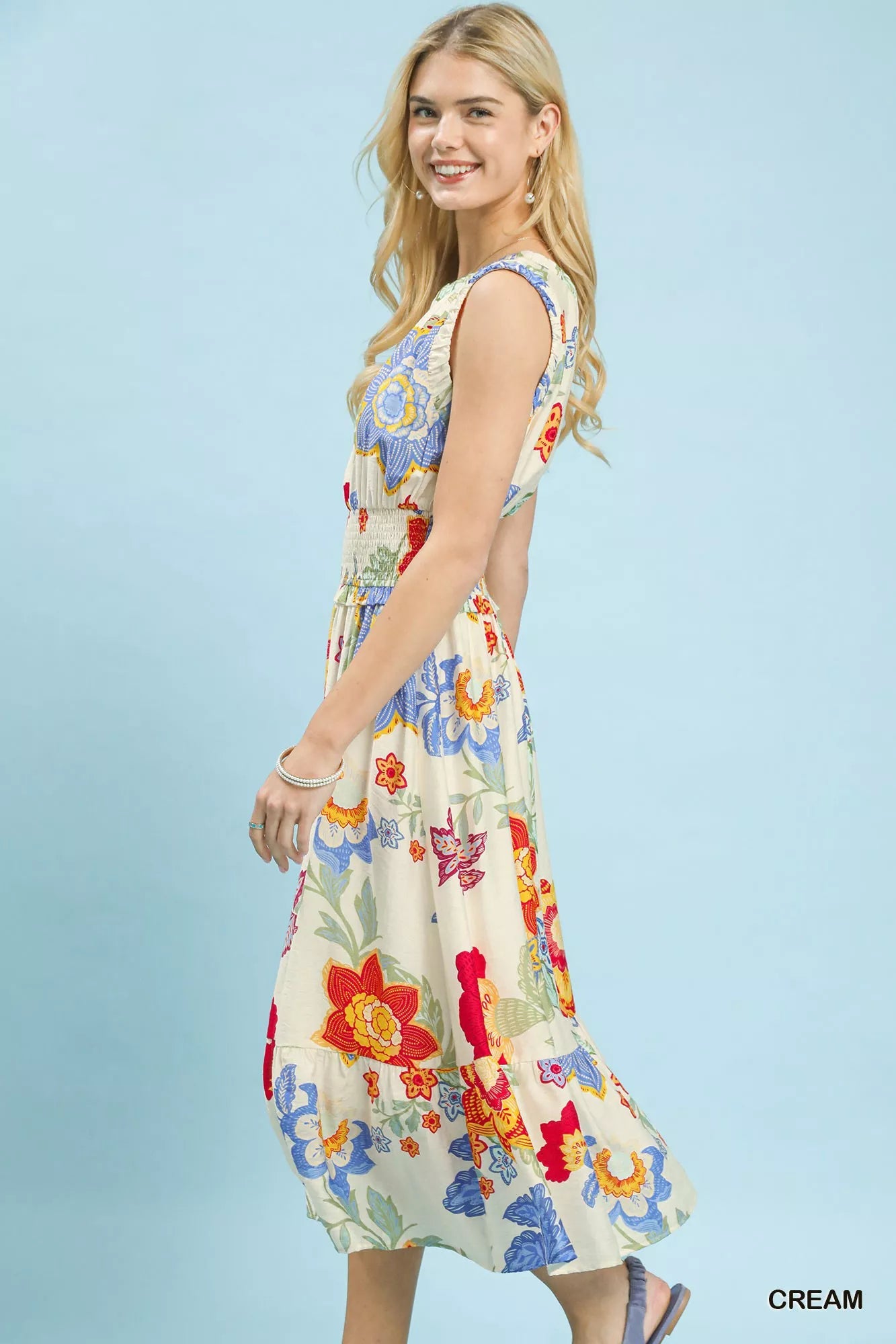 Umgee Floral Smocked Midi Dress - Bitsy Gypsy Boutique