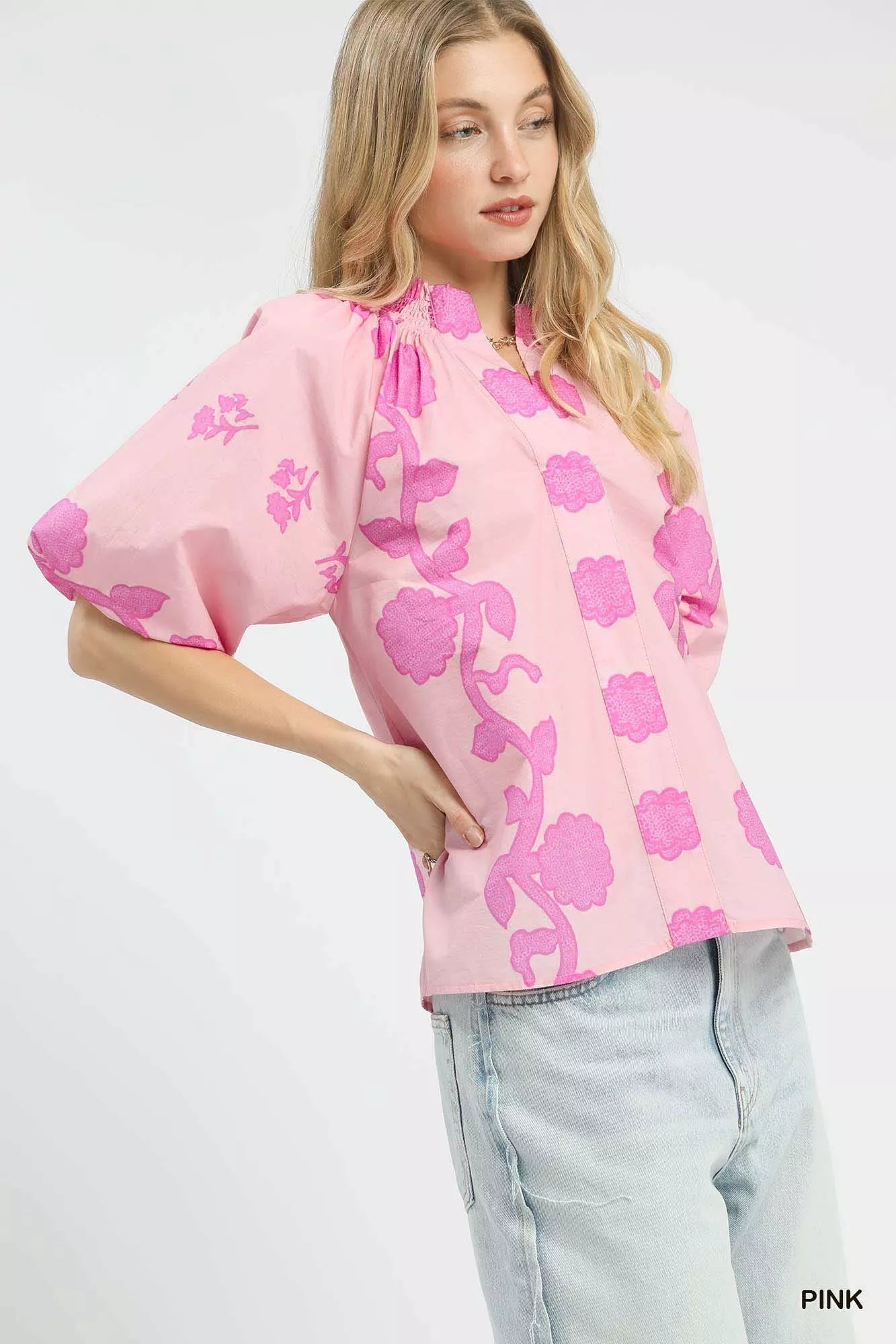 Umgee Floral Smocked Notched Puff Sleeve Blouse - Bitsy Gypsy Boutique