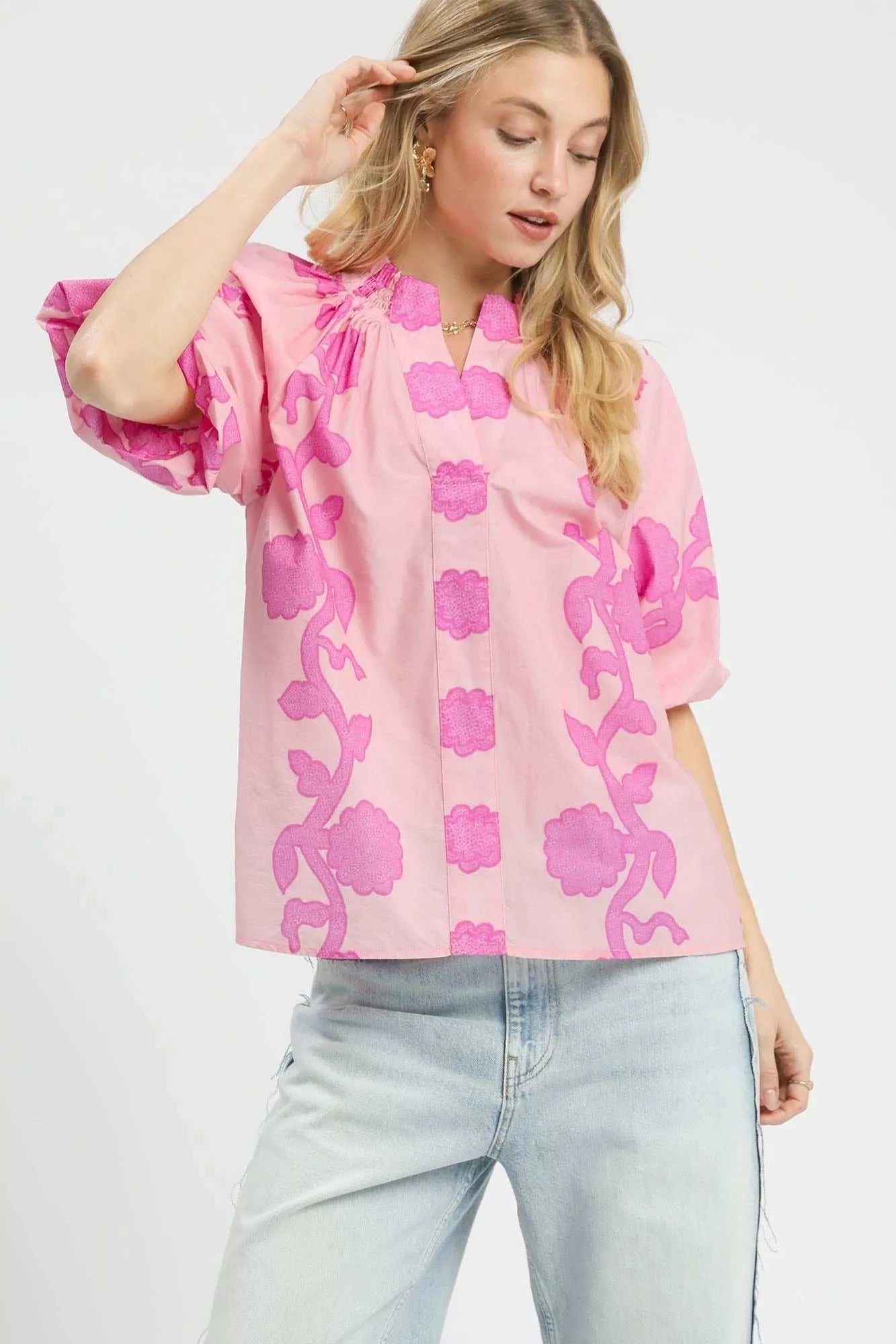 Umgee Floral Smocked Notched Puff Sleeve Blouse - Bitsy Gypsy Boutique